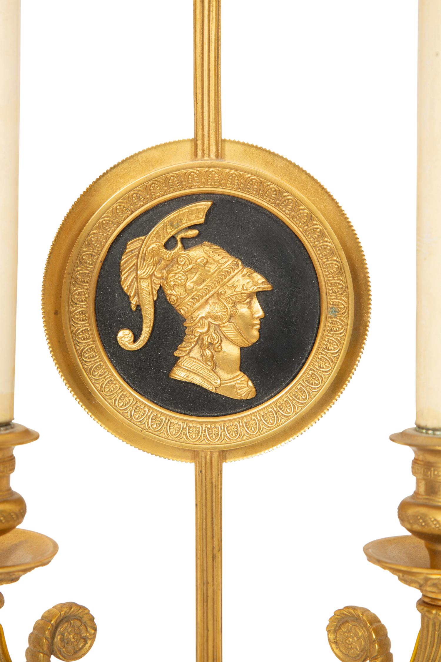 A Pair of Neoclassical Style Gilt Bronze Two Light Wall Sconces with Portrait Medallions