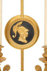 A Pair of Neoclassical Style Gilt Bronze Two Light Wall Sconces with Portrait Medallions