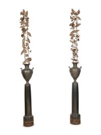 A Pair of French Bronze Urns with Tole Trellises of Floral Vines on Marble Pedestals