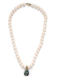 FABERGÉ, ENAMEL AND DIAMOND PENDANT AND CULTURED PEARL NECKLACE