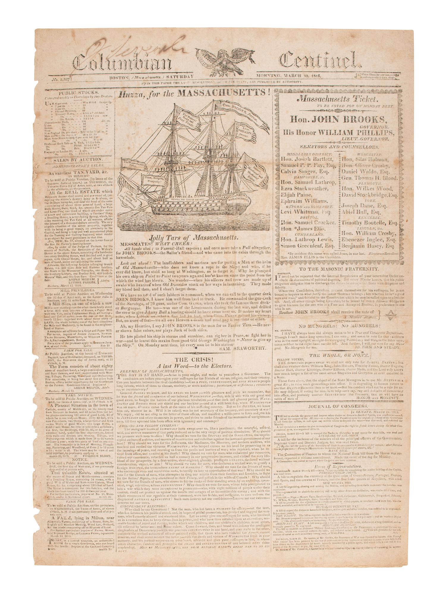 [WAR OF 1812-POLITICS] Political ad featured in Columbian Centinel . No. 3337. Boston: 30 March 1816