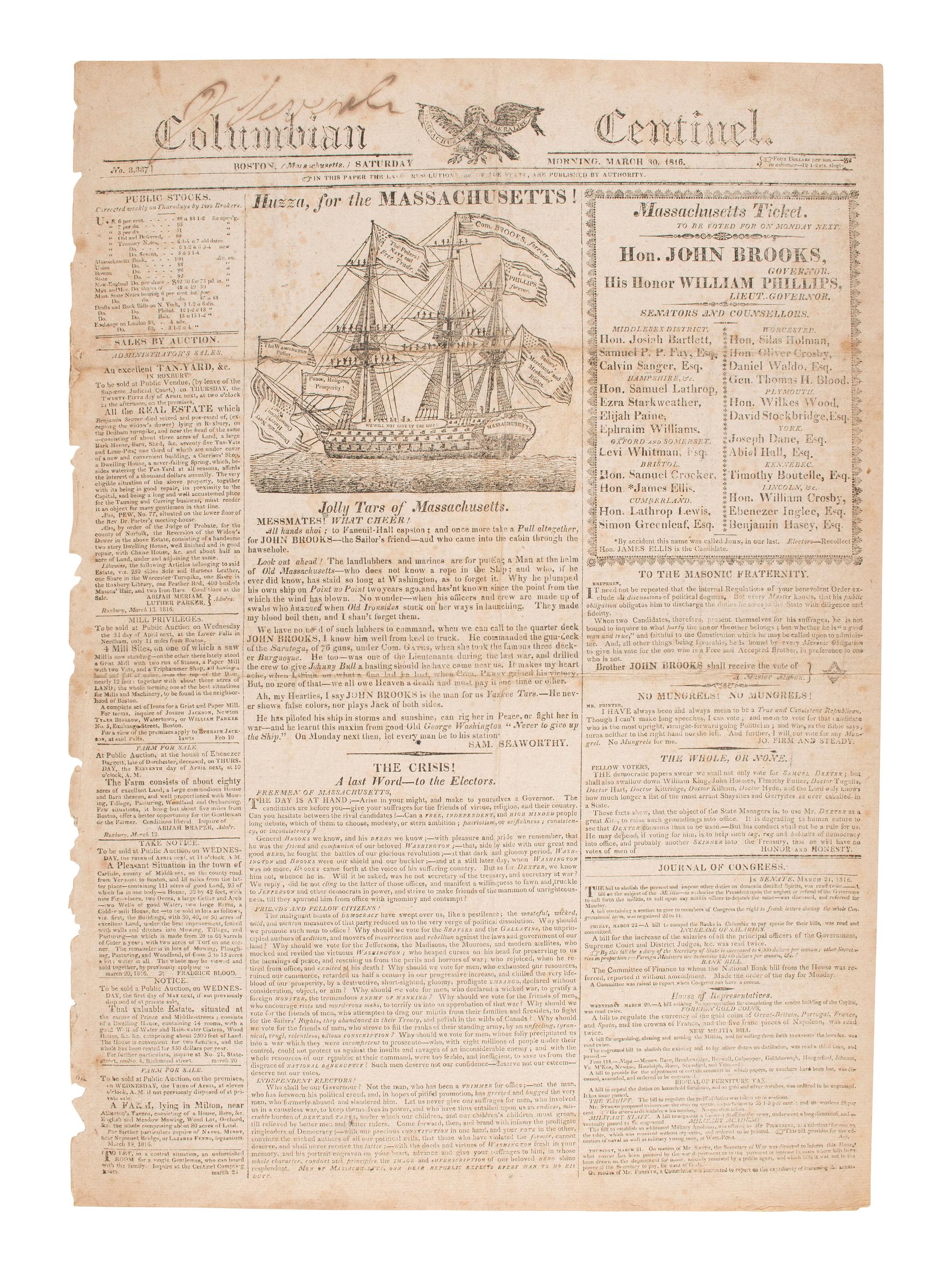 [WAR OF 1812-POLITICS] Political ad featured in Columbian Centinel . No. 3337. Boston: 30 March 1816