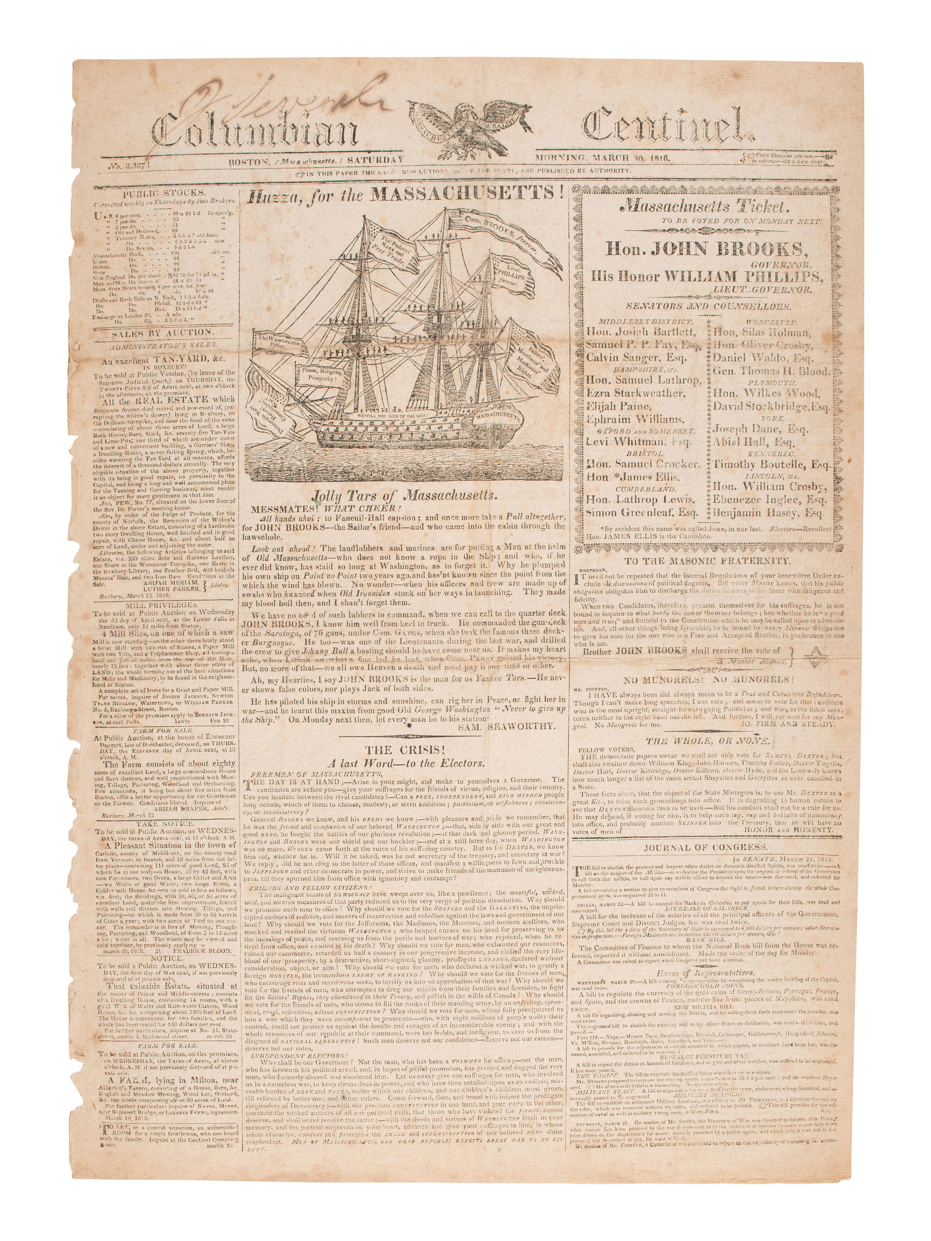 [WAR OF 1812-POLITICS] Political ad featured in Columbian Centinel . No. 3337. Boston: 30 March 1816