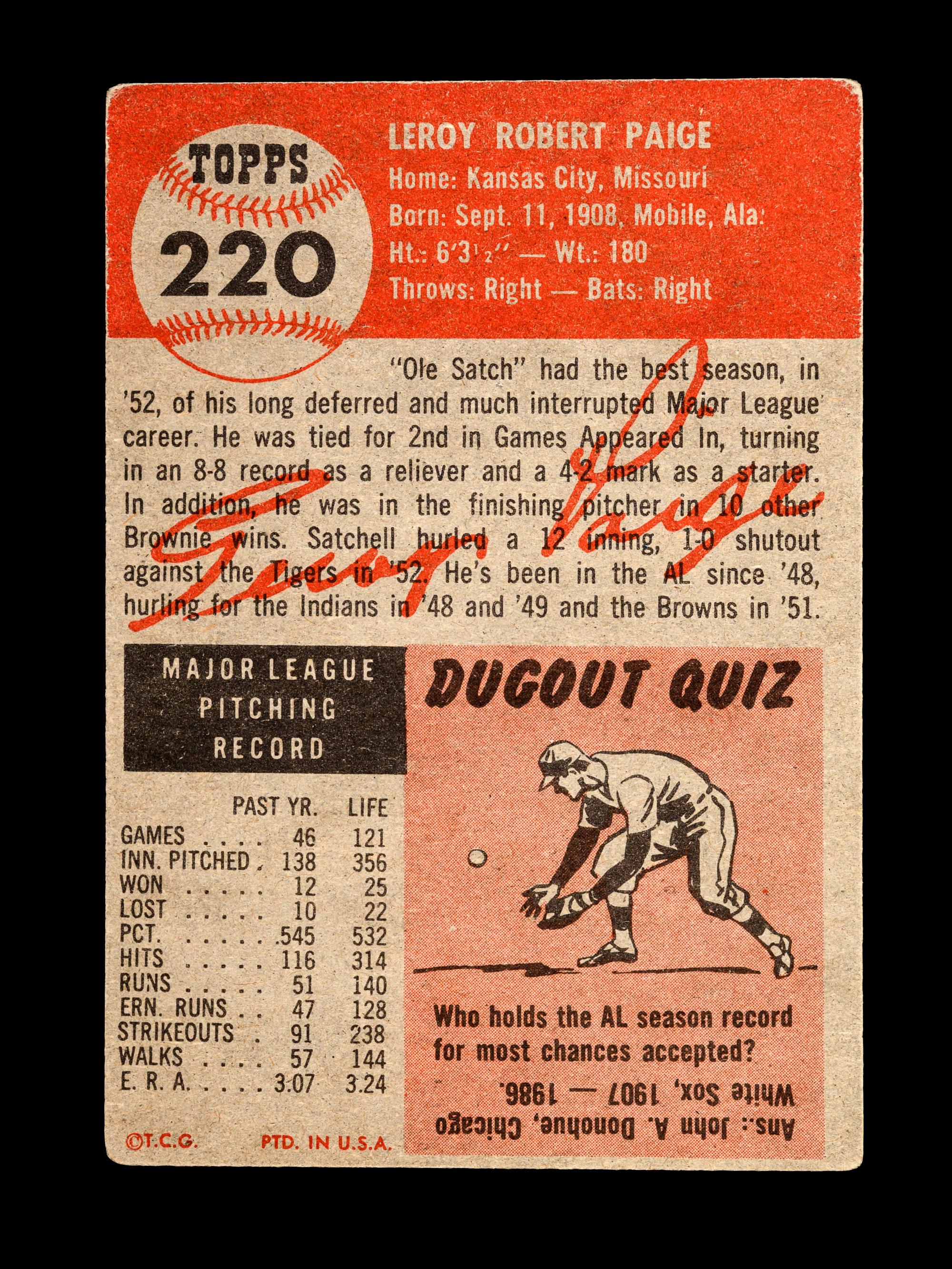 A 1953 Topps Satchel (Satchell) Paige Baseball Card No. 220