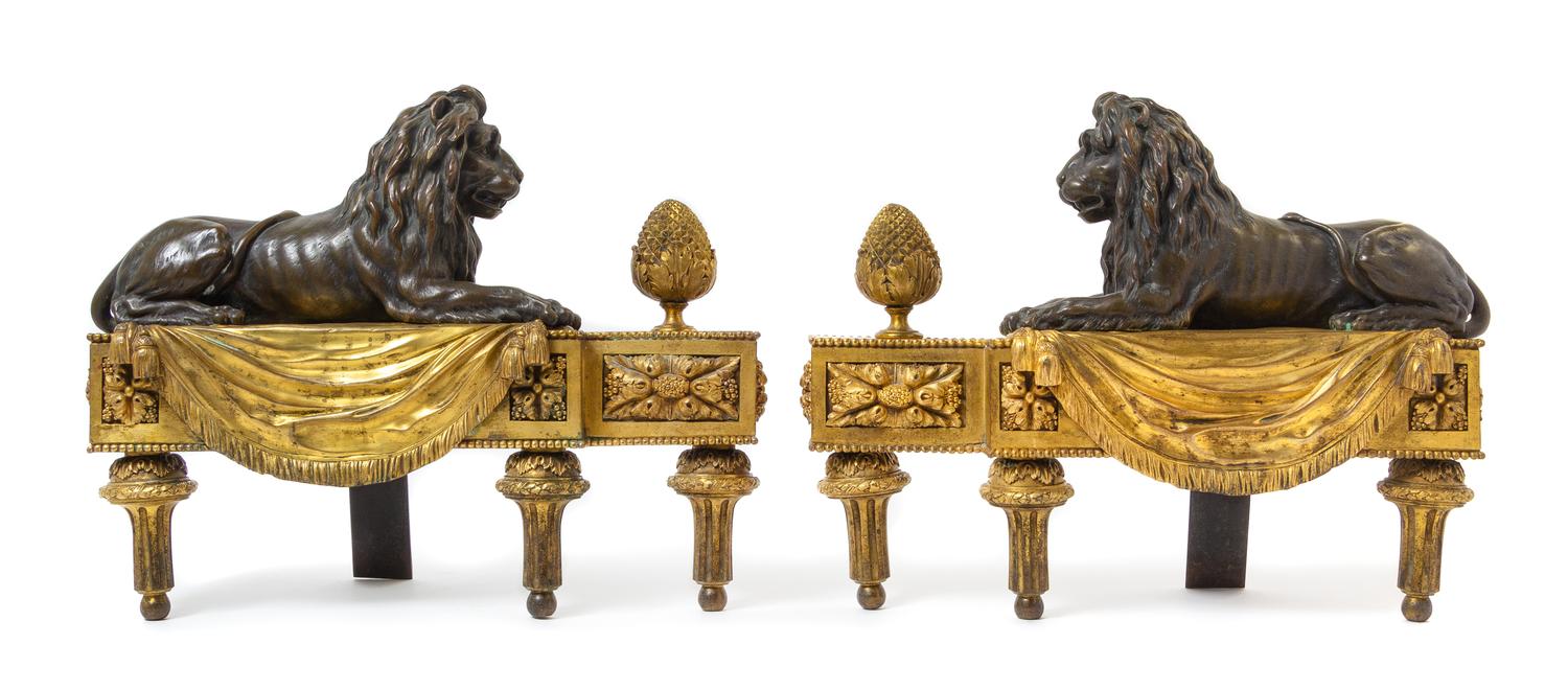 A Pair of French Gilt and Patinated Bronze Chenets Width 17 1/4 inches. — 19TH CENTURY