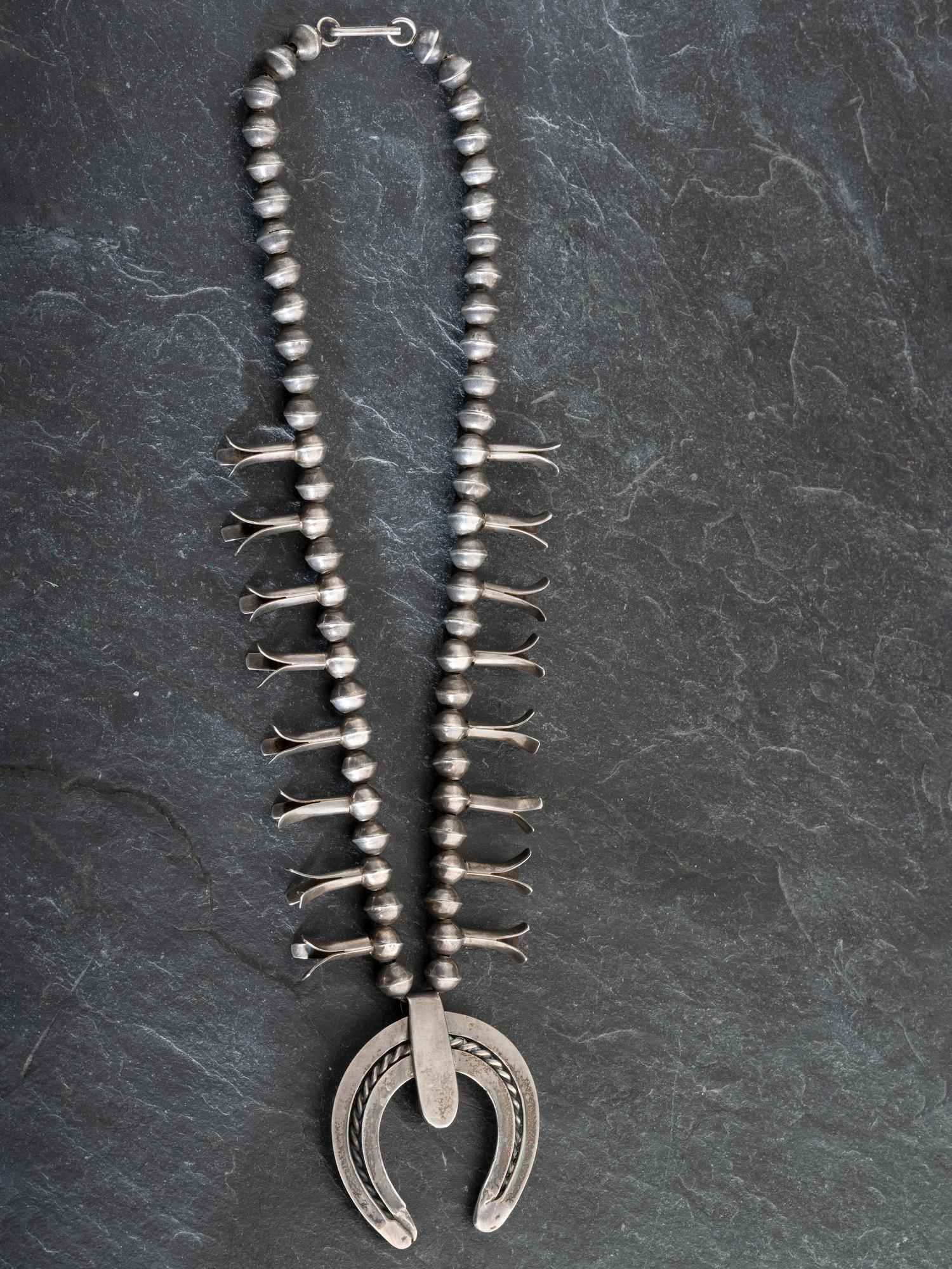 Petite Navajo Silver and Turquoise Squash Blossom Necklace