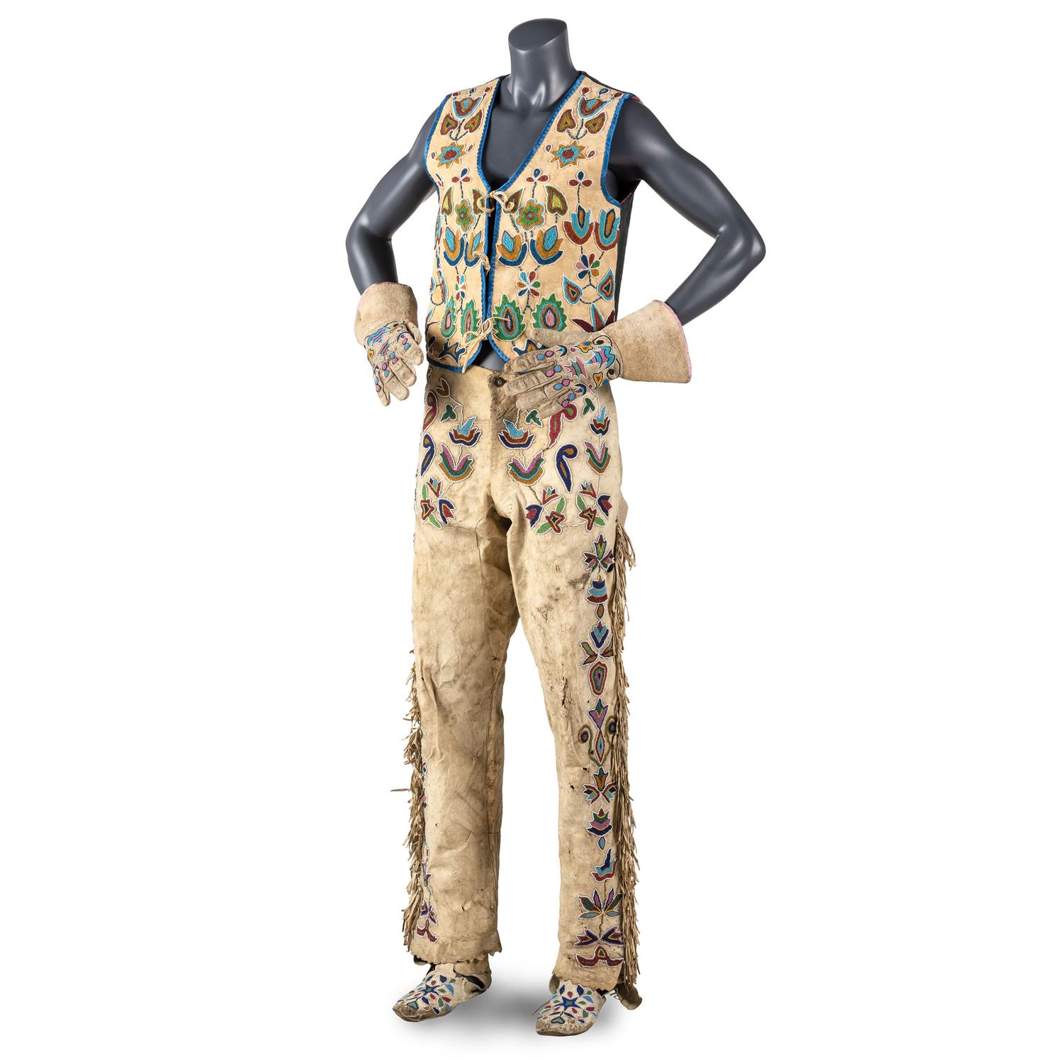 Apsáalooke (Crow) Beaded Hide Vest, Gauntlets, Pants, and Moccasins