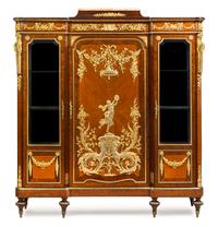A Louis XVI Style Gilt Bronze Mounted Mahogany and Fruitwood Vitrine Cabinet Height 62 1/2 x width 57 1/2 x depth 16 1/2 inches. — ATTRIBUTED TO FRANCOIS LINKE, PARIS, CIRCA 1900