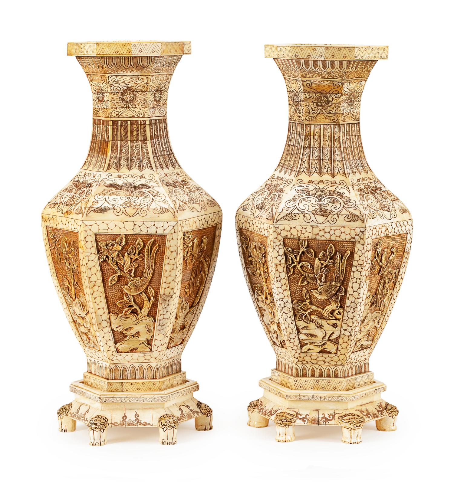 A Pair of Chinese Enameled Bone Hexagonal Vases on Stands