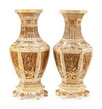 A Pair of Chinese Enameled Bone Hexagonal Vases on Stands