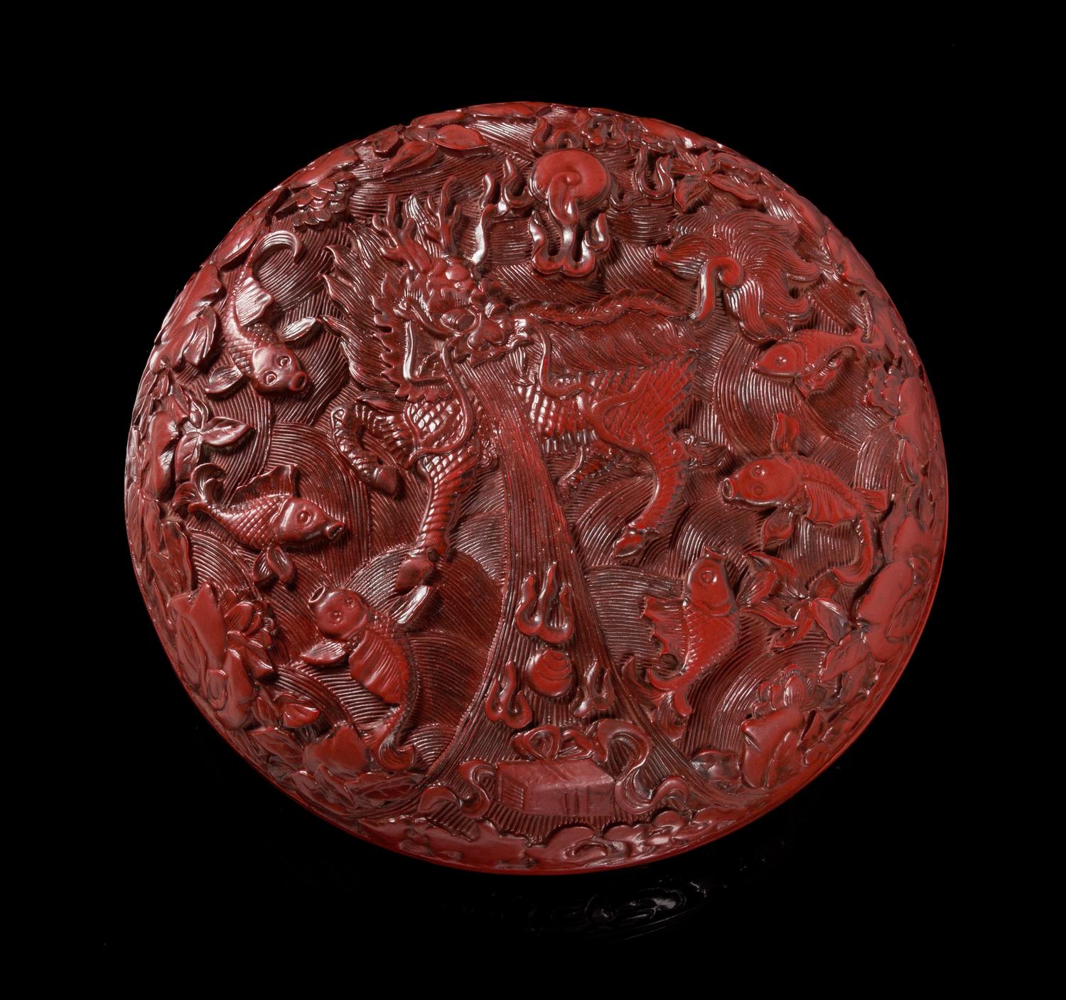 A Cinnabar Lacquer Covered Box Diameter 7 inches.
