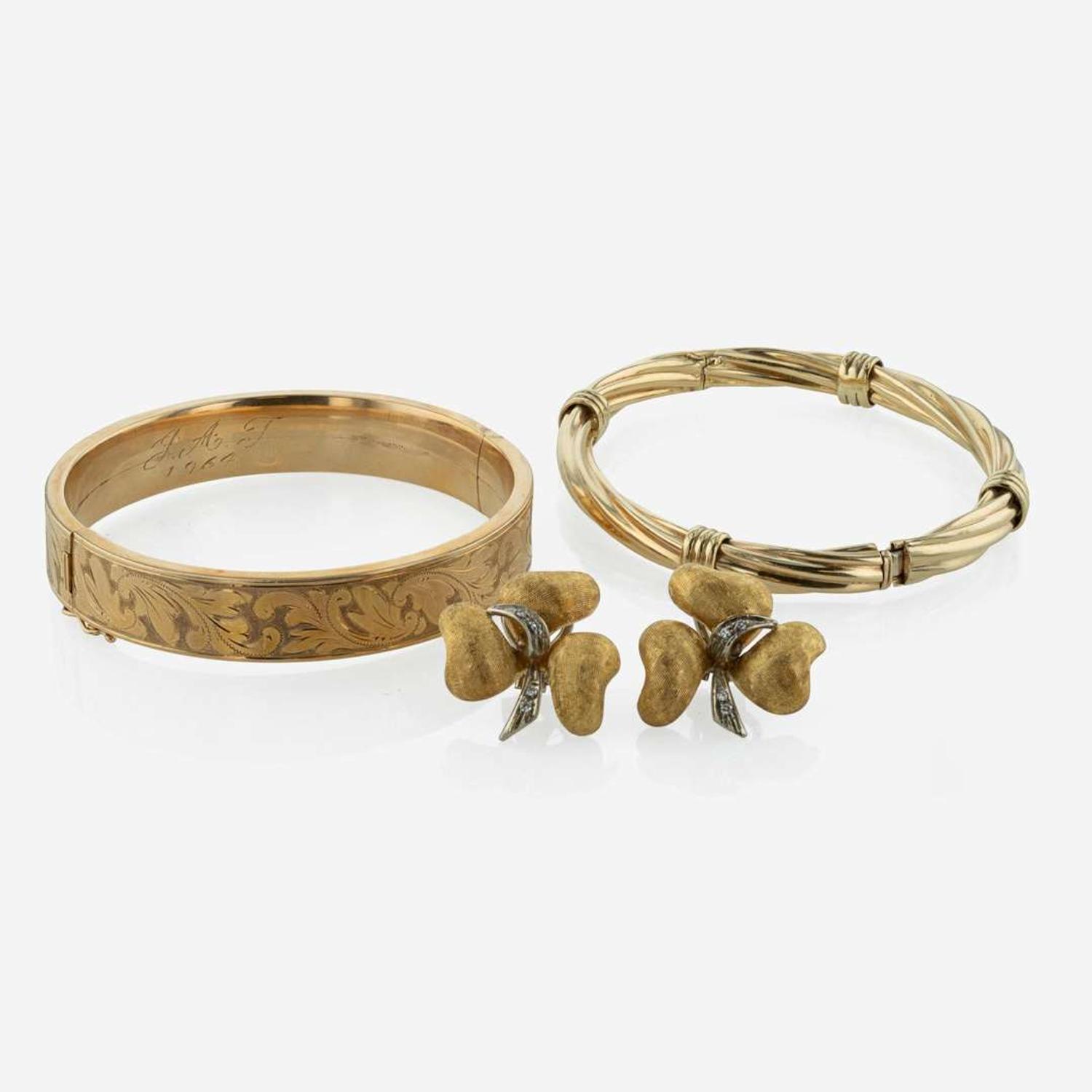 A Collection of Yellow Gold Bangles and Diamond and Gold Earrings