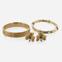 A Collection of Yellow Gold Bangles and Diamond and Gold Earrings