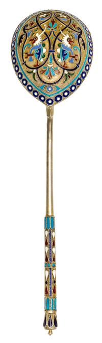 A Russian Silver and Enamel Spoon, Mark of Ivan Saltykov, assay mark of Viktor Savinsky, Moscow, 19th century, having an enamel decorat