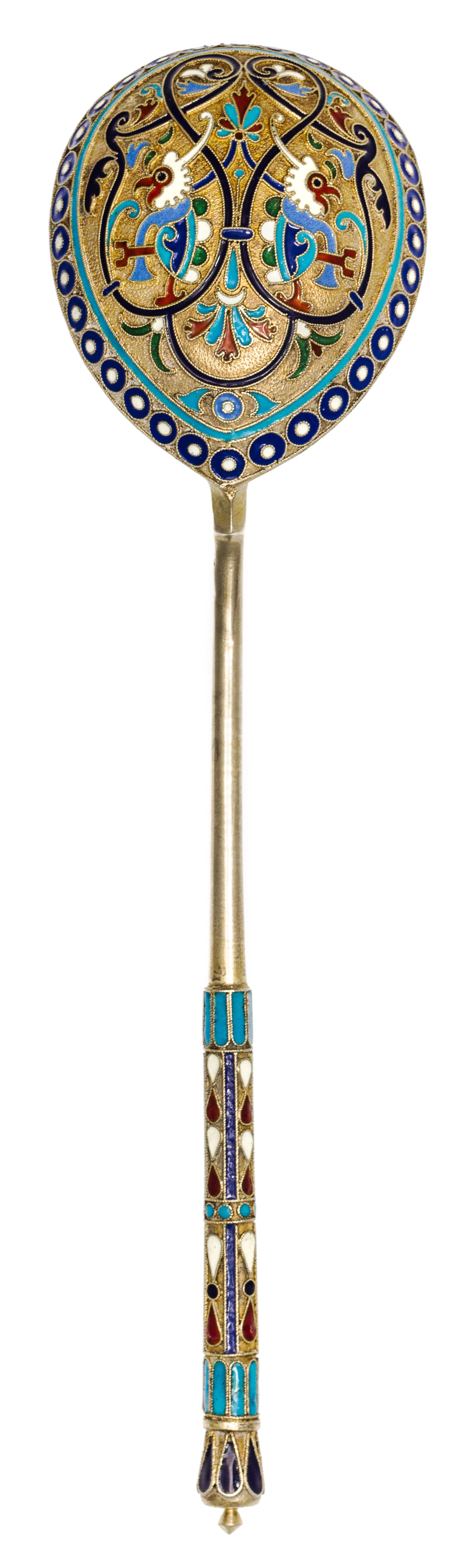 A Russian Silver and Enamel Spoon, Mark of Ivan Saltykov, assay mark of Viktor Savinsky, Moscow, 19th century, having an enamel decorat