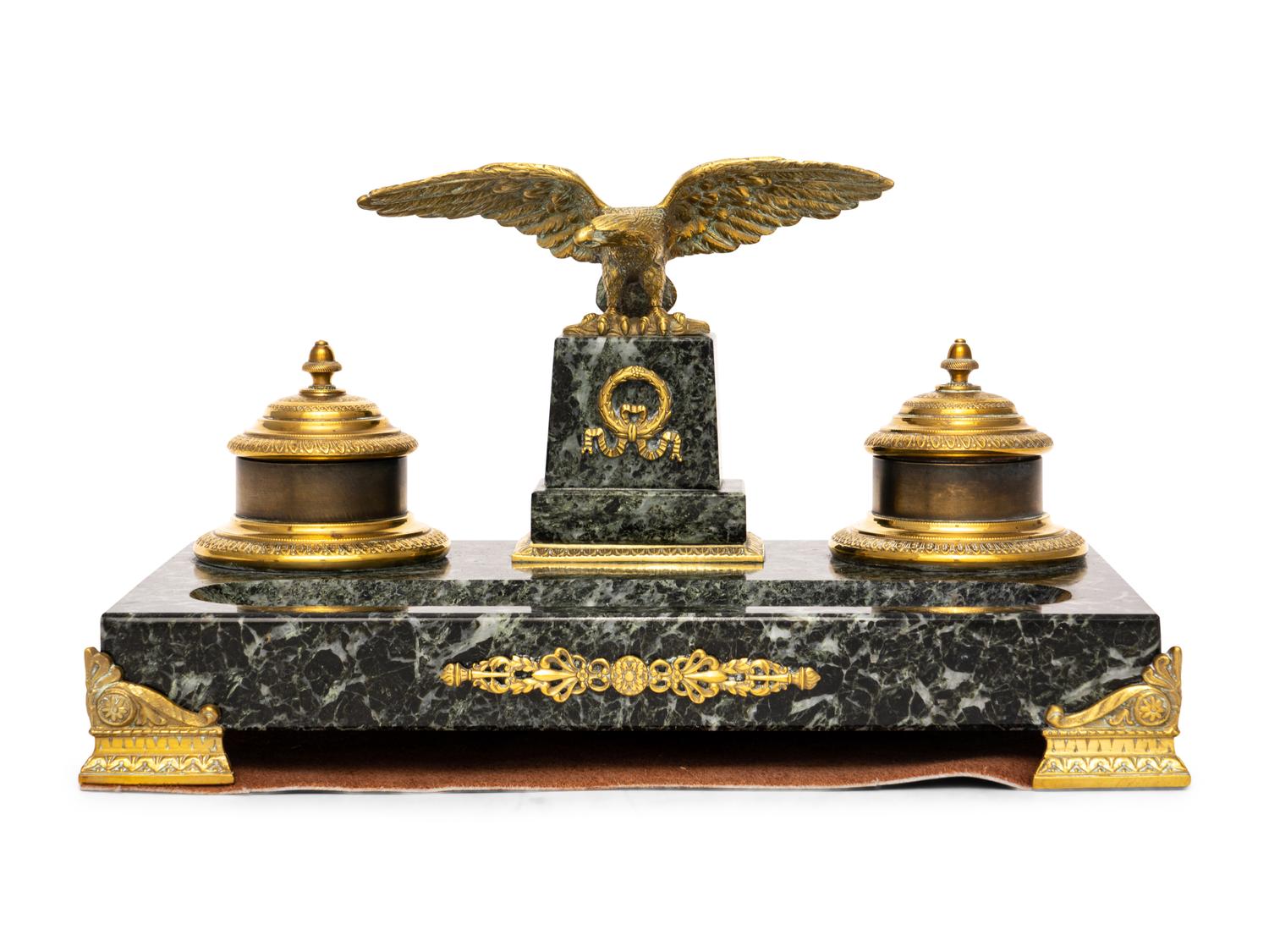 An Empire Style Gilt Metal and Marble Encrier