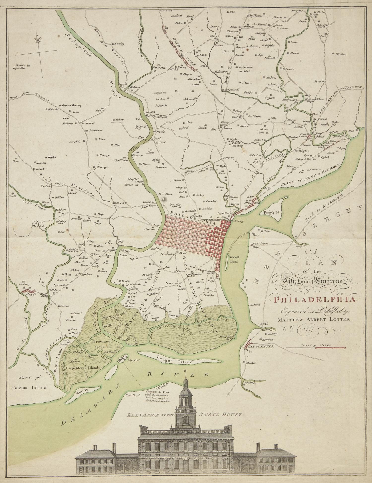 A Plan of the City and Environs of Philadelphia, Engraved and Published by Matthew Albert Lotter (1741-1810), 1777