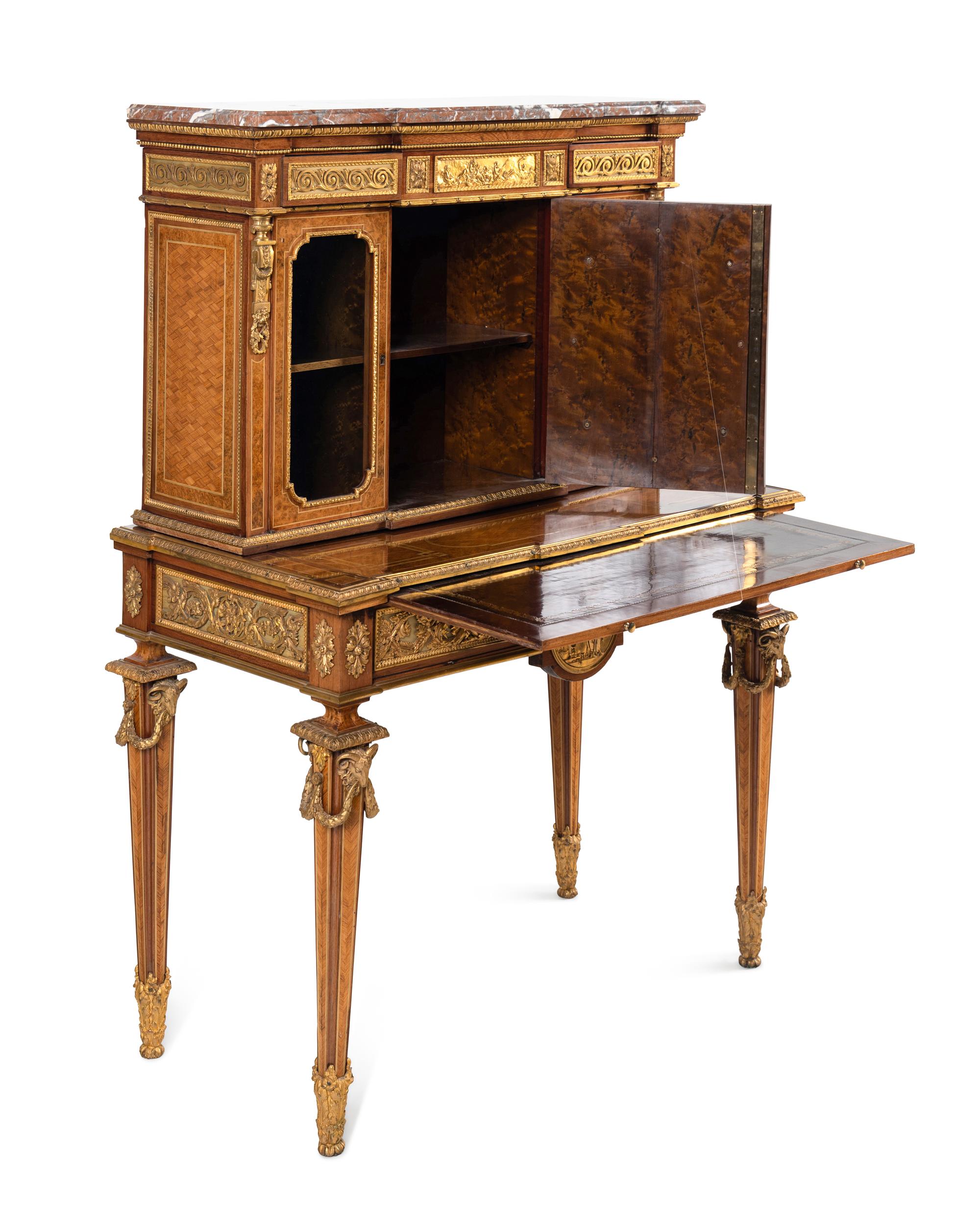 A Louis XVI Style Gilt Bronze Mounted Amaranth, Burr Maple and Kingwood Parquetry Marble-Top Bonheur du Jour