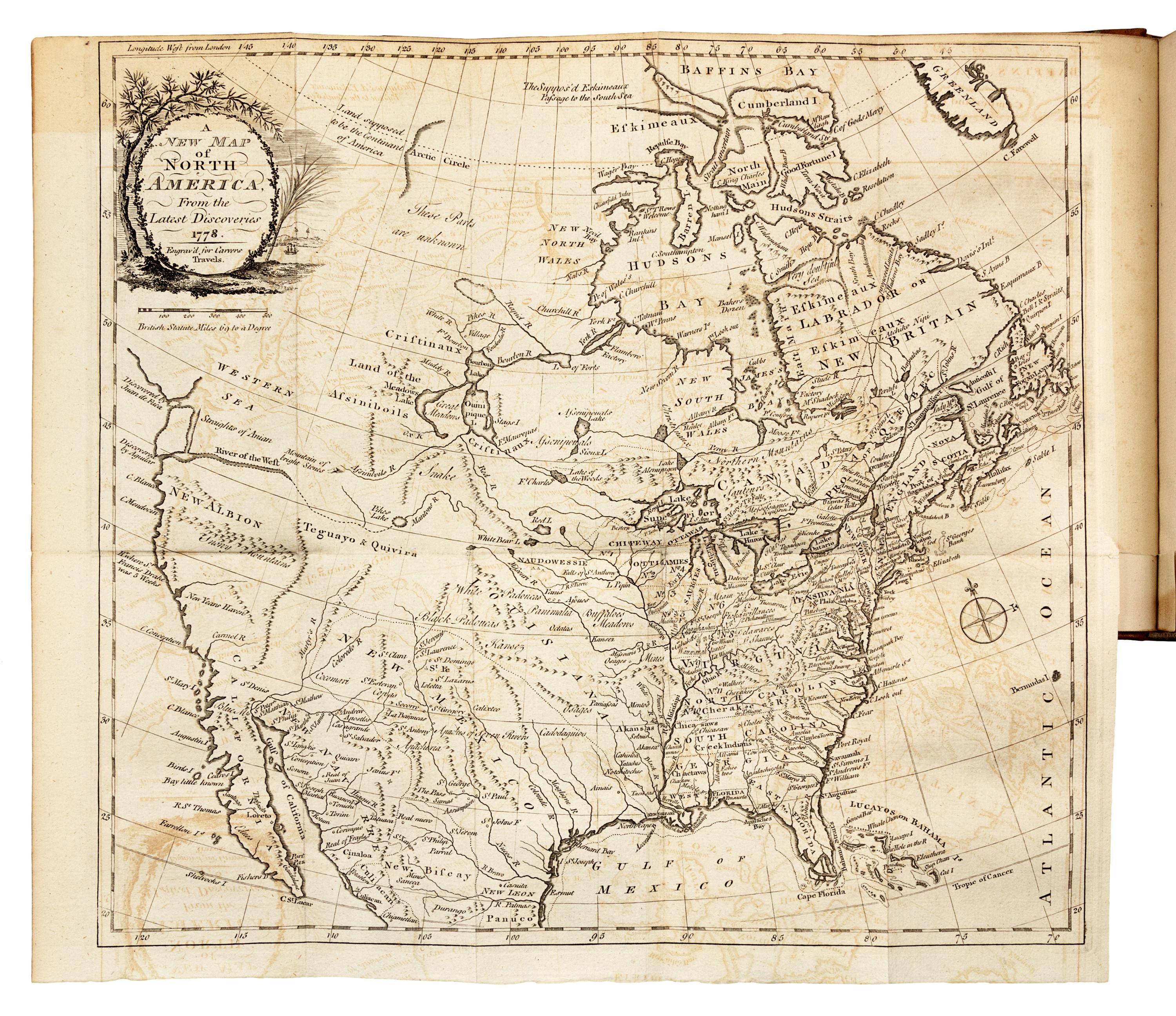 CARVER, Jonathan (1732-1780). Travels through the Interior Parts of North-America, in the Years 1766, 1767, and 1768 . London: Printed for the author and sold by J. Walter, 1778.