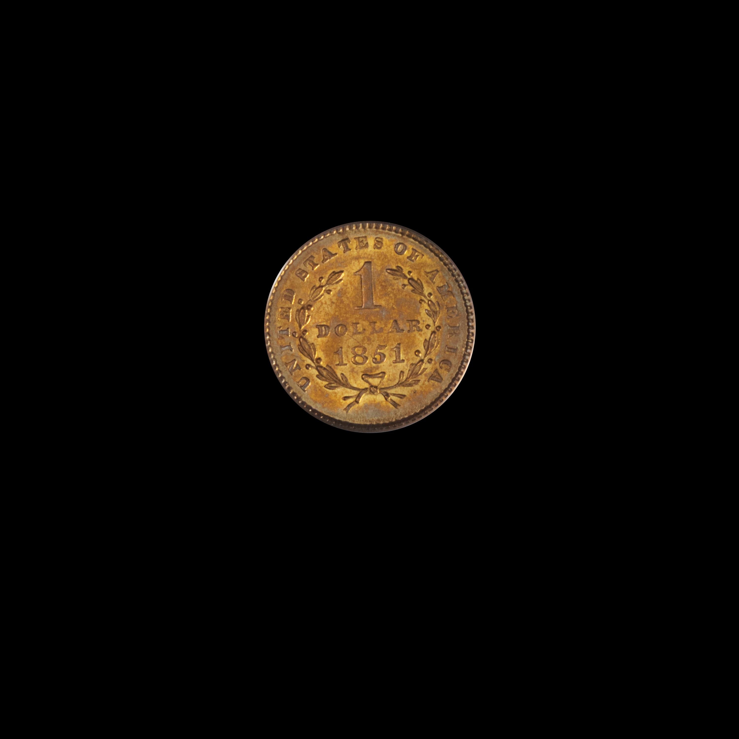 An 1851 Liberty Head: Type I $1 Gold Coin (PCGS MS61)
