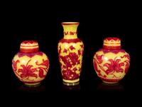 Three Chinese Red Overlay Yellow Glass Articles