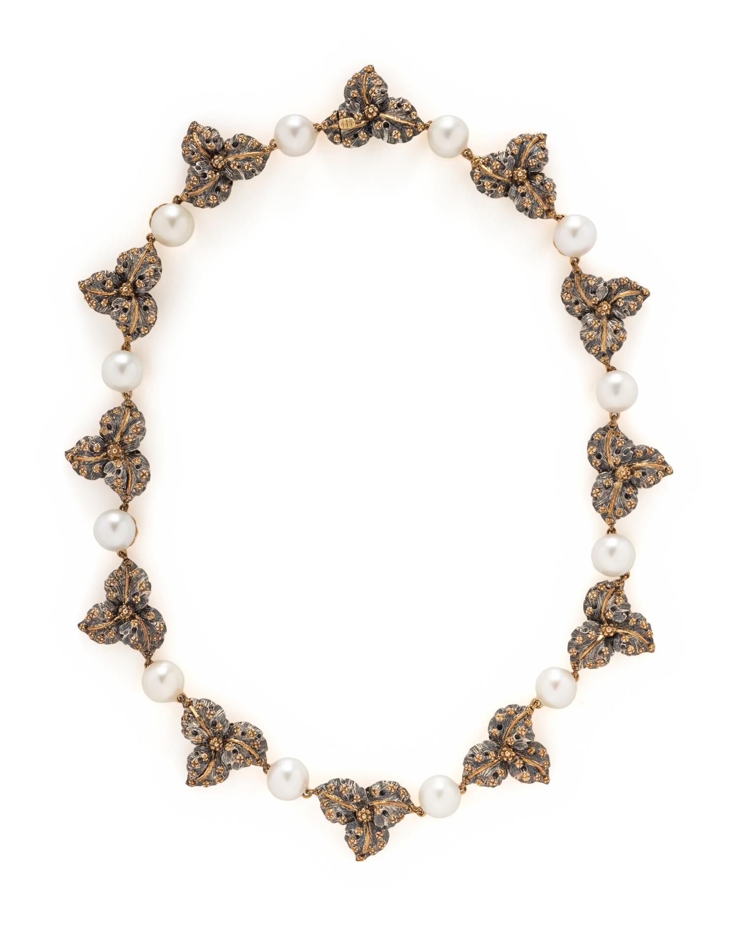 BUCCELLATI, CULTURED PEARL, YELLOW GOLD, AND SILVER LEAF NECKLACE