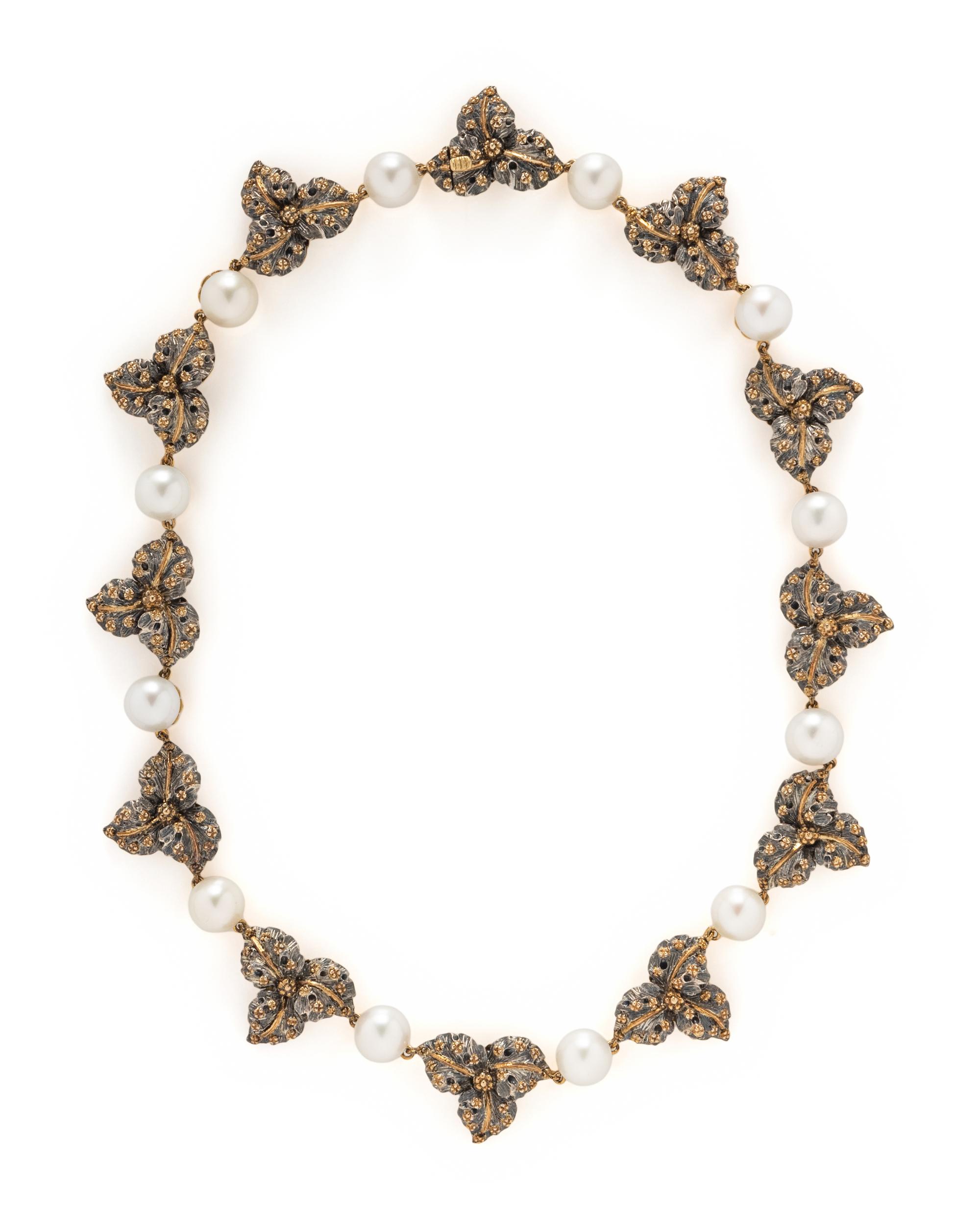 BUCCELLATI, CULTURED PEARL, YELLOW GOLD, AND SILVER LEAF NECKLACE