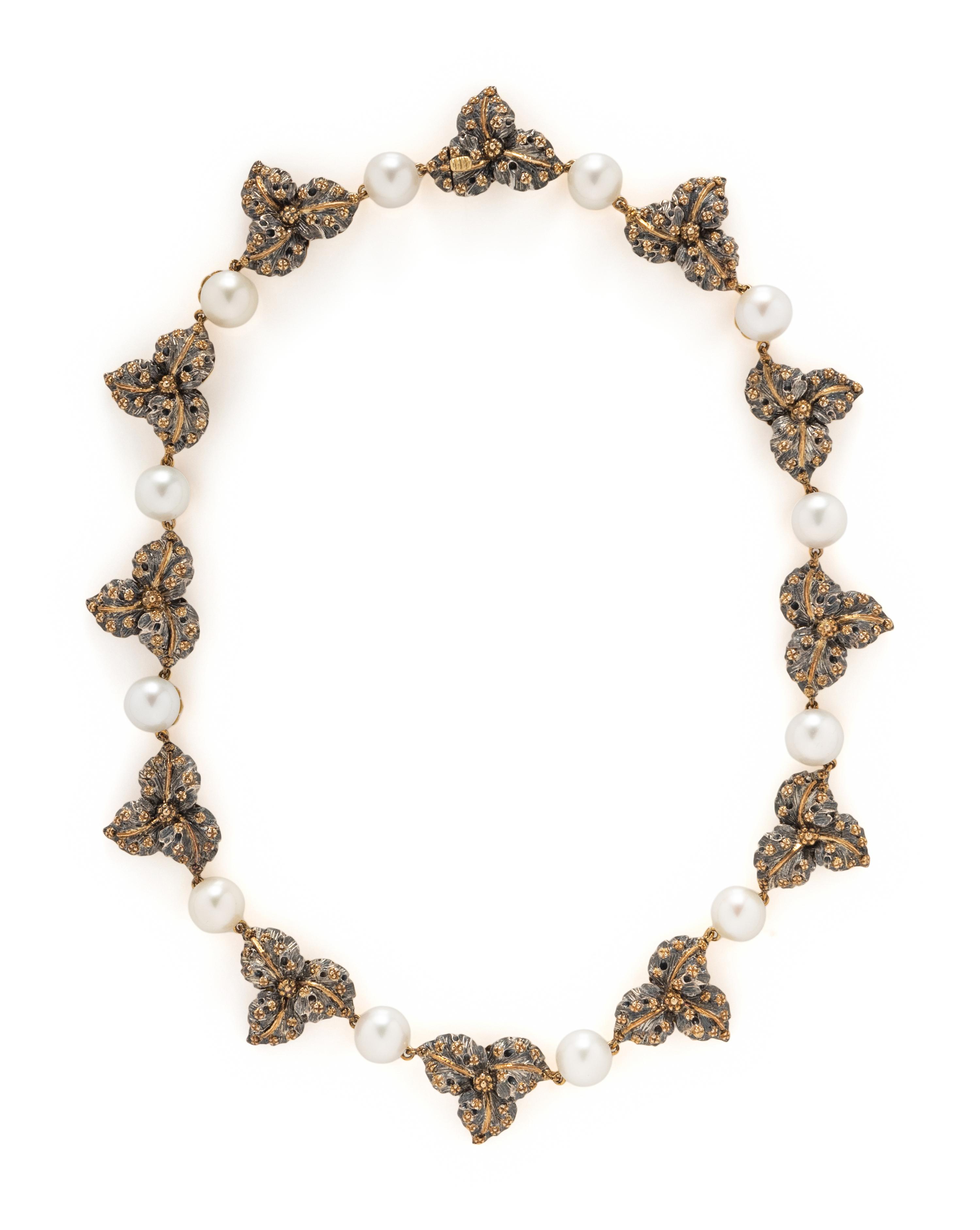 BUCCELLATI, CULTURED PEARL, YELLOW GOLD, AND SILVER LEAF NECKLACE