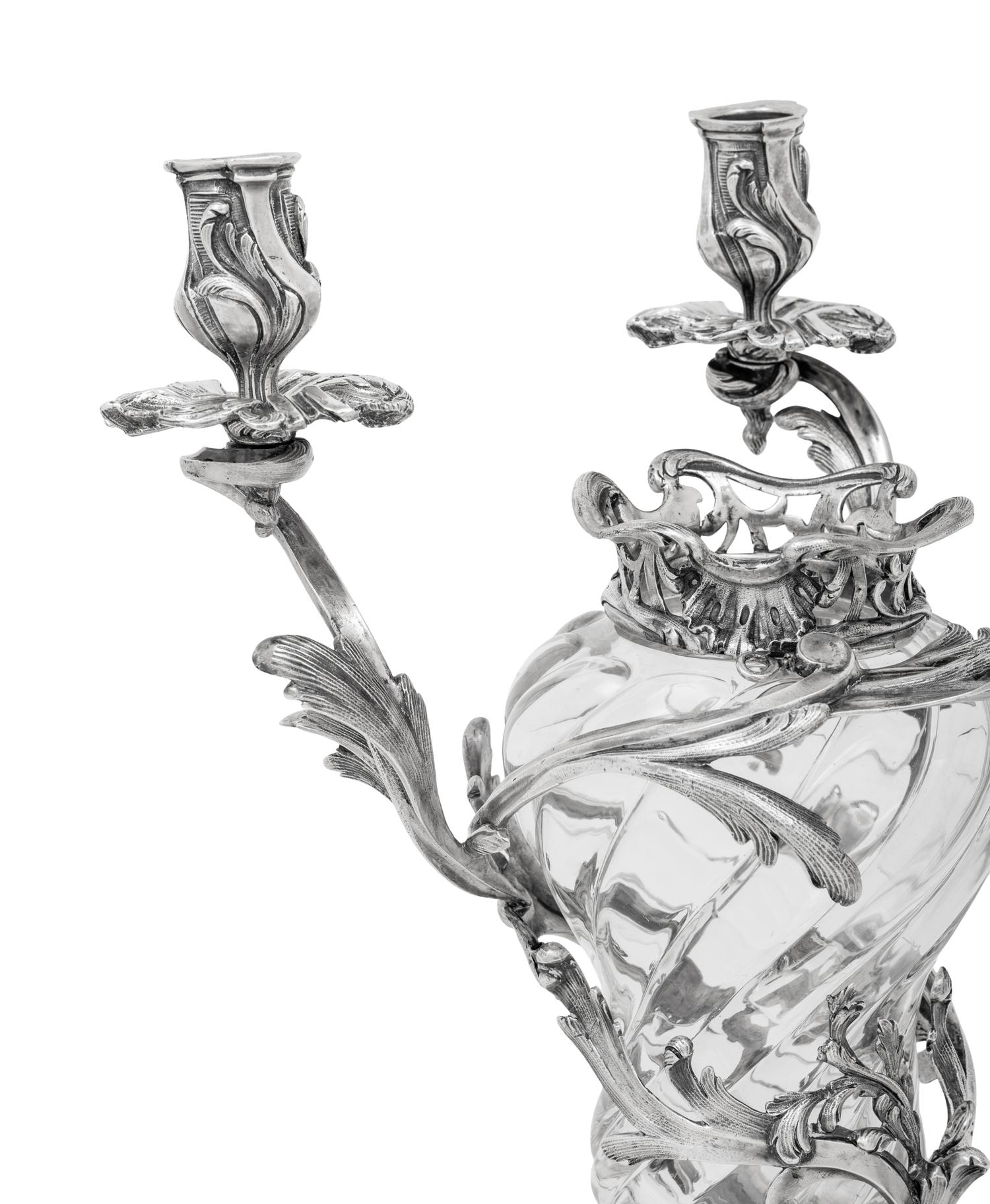 A Pair of Austrian Silver Mounted Cut Glass Three-Light Candelabra