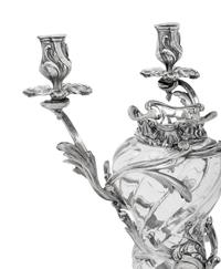 A Pair of Austrian Silver Mounted Cut Glass Three-Light Candelabra