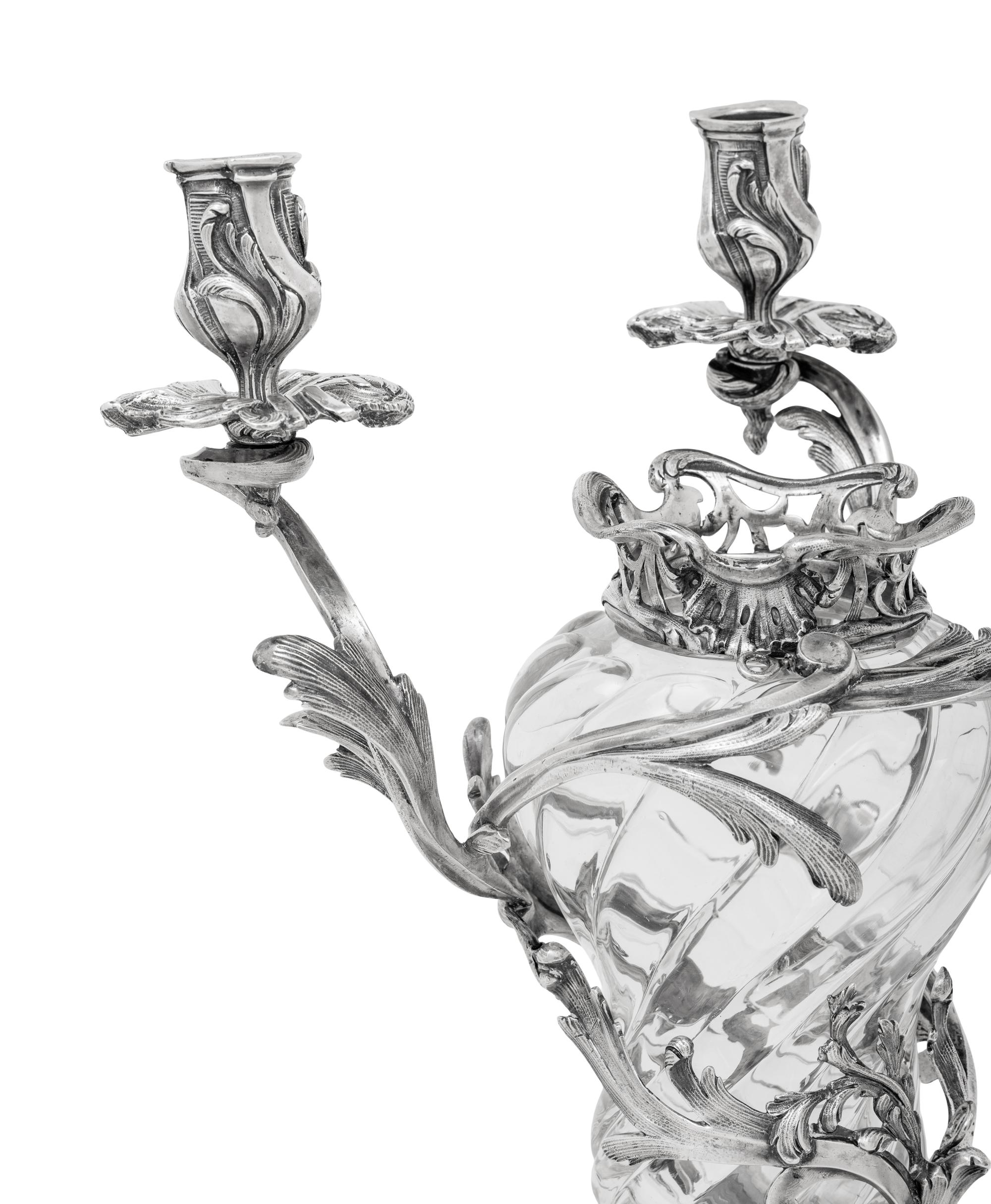 A Pair of Austrian Silver Mounted Cut Glass Three-Light Candelabra