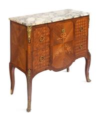 A Louis XV/XVI Transitional Style Marquetry Marble-Top Commode