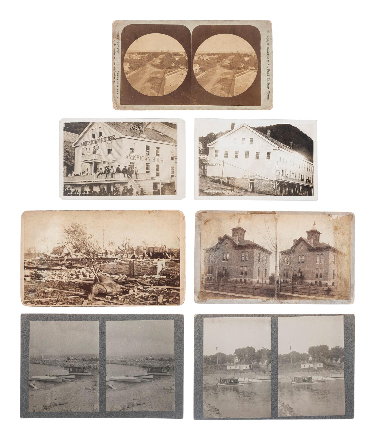[EARLY PHOTOGRAPHY]. A collection of 13 photographs of Minnesota and Wisconsin, including landmarks, landscape views, transportation scenes, and more.