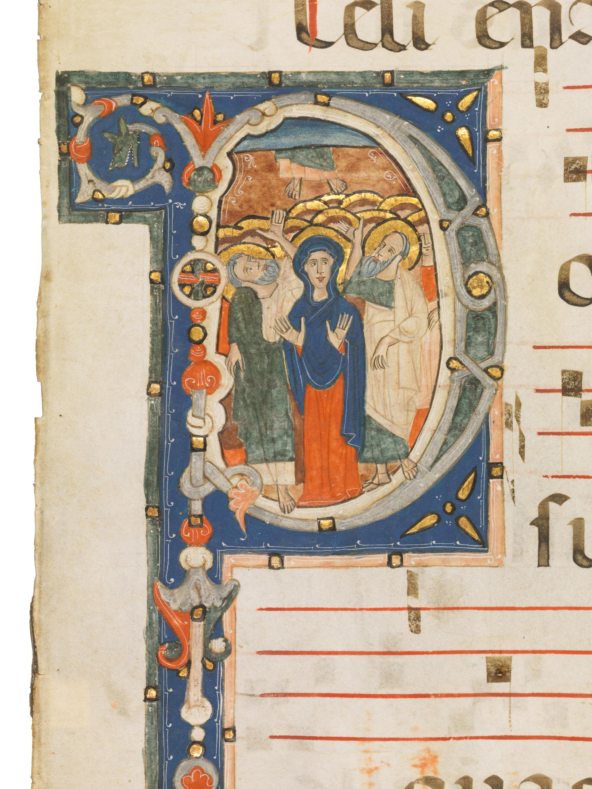 MASTER OF SANT’ALESSIO IN BIGIANO (active ca. 1275–1300) Leaf with a historiated initial ‘P’ of The Ascension from an Antiphonary, in Latin, illuminated manuscript on parchment [Florence, ca. 1280–1285]