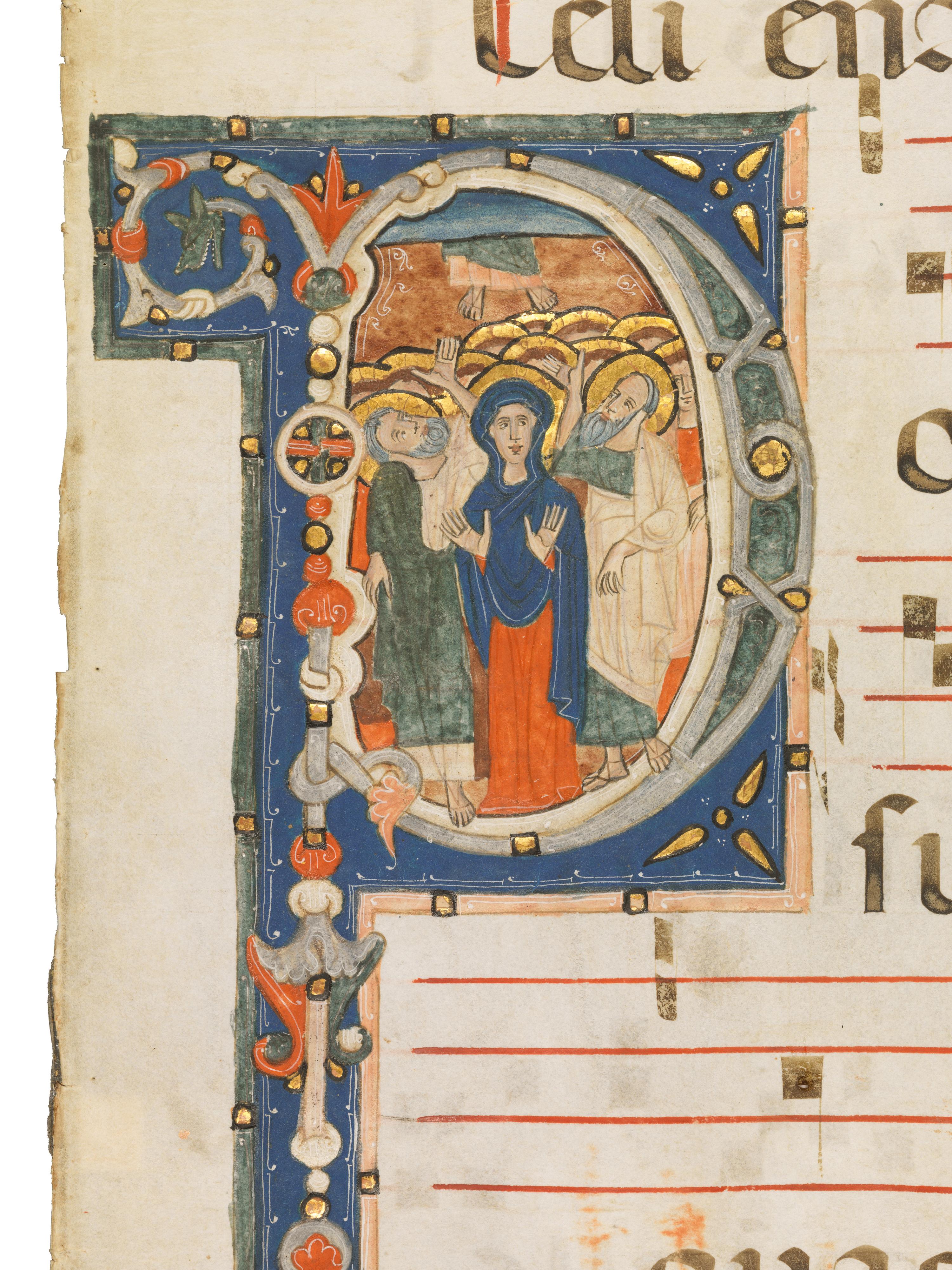 MASTER OF SANT’ALESSIO IN BIGIANO (active ca. 1275–1300) Leaf with a historiated initial ‘P’ of The Ascension from an Antiphonary, in Latin, illuminated manuscript on parchment [Florence, ca. 1280–1285]