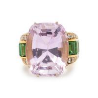 KUNZITE, TSAVORITE GARNET, DIAMOND, AND YELLOW GOLD RING