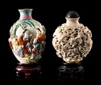 Two Chinese Carved and Molded Porcelain Snuff Bottles