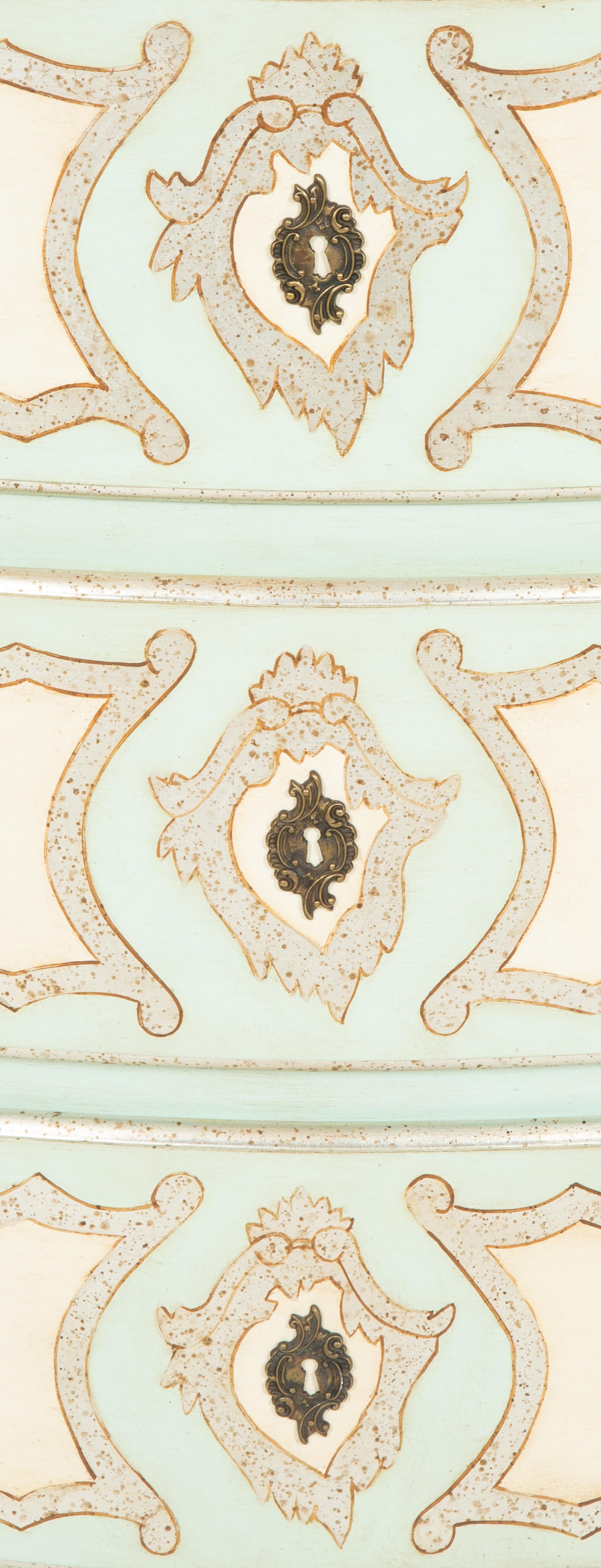 A Pair of Louis XV Style Painted and Silver Gilt Commodes with Faux Marble Tops