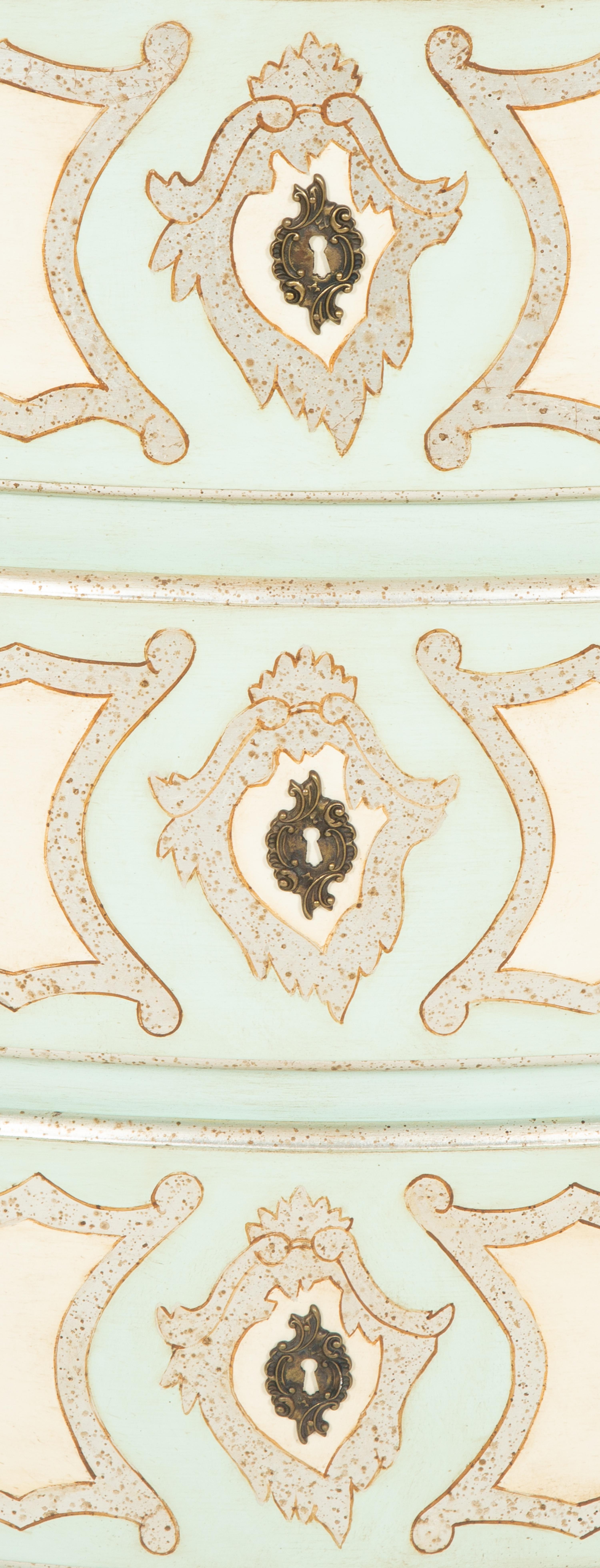 A Pair of Louis XV Style Painted and Silver Gilt Commodes with Faux Marble Tops