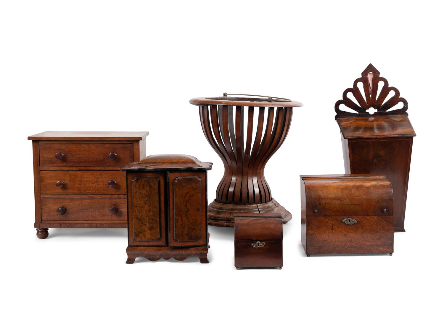 An English Burlwood Jewelry Box, a Diminutive Chest and Other Articles