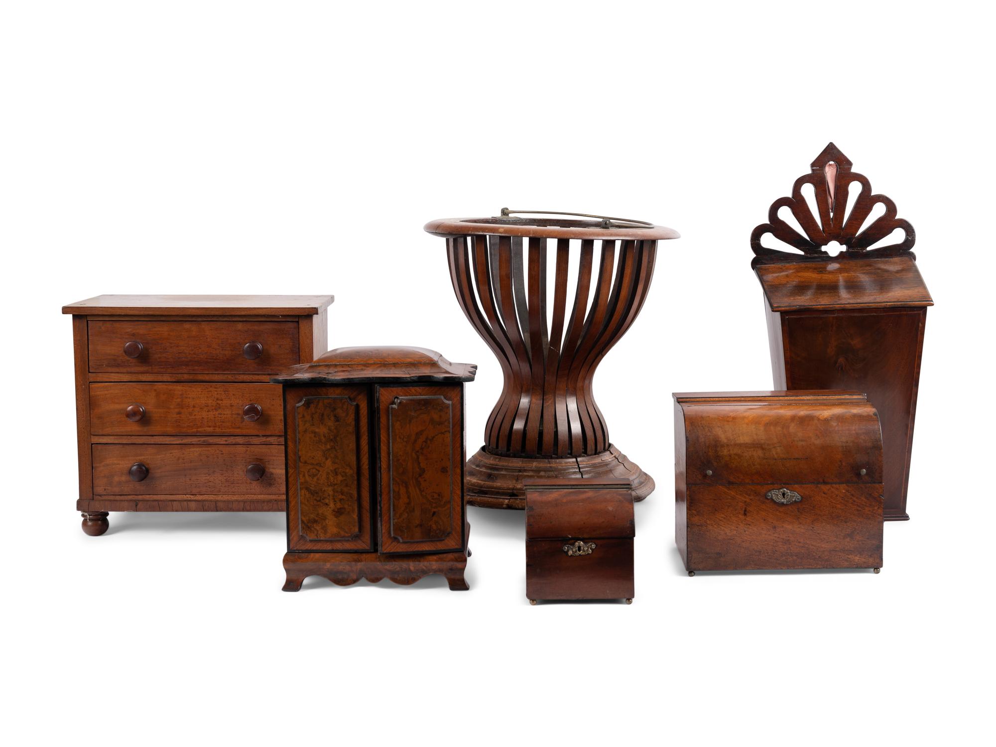 An English Burlwood Jewelry Box, a Diminutive Chest and Other Articles