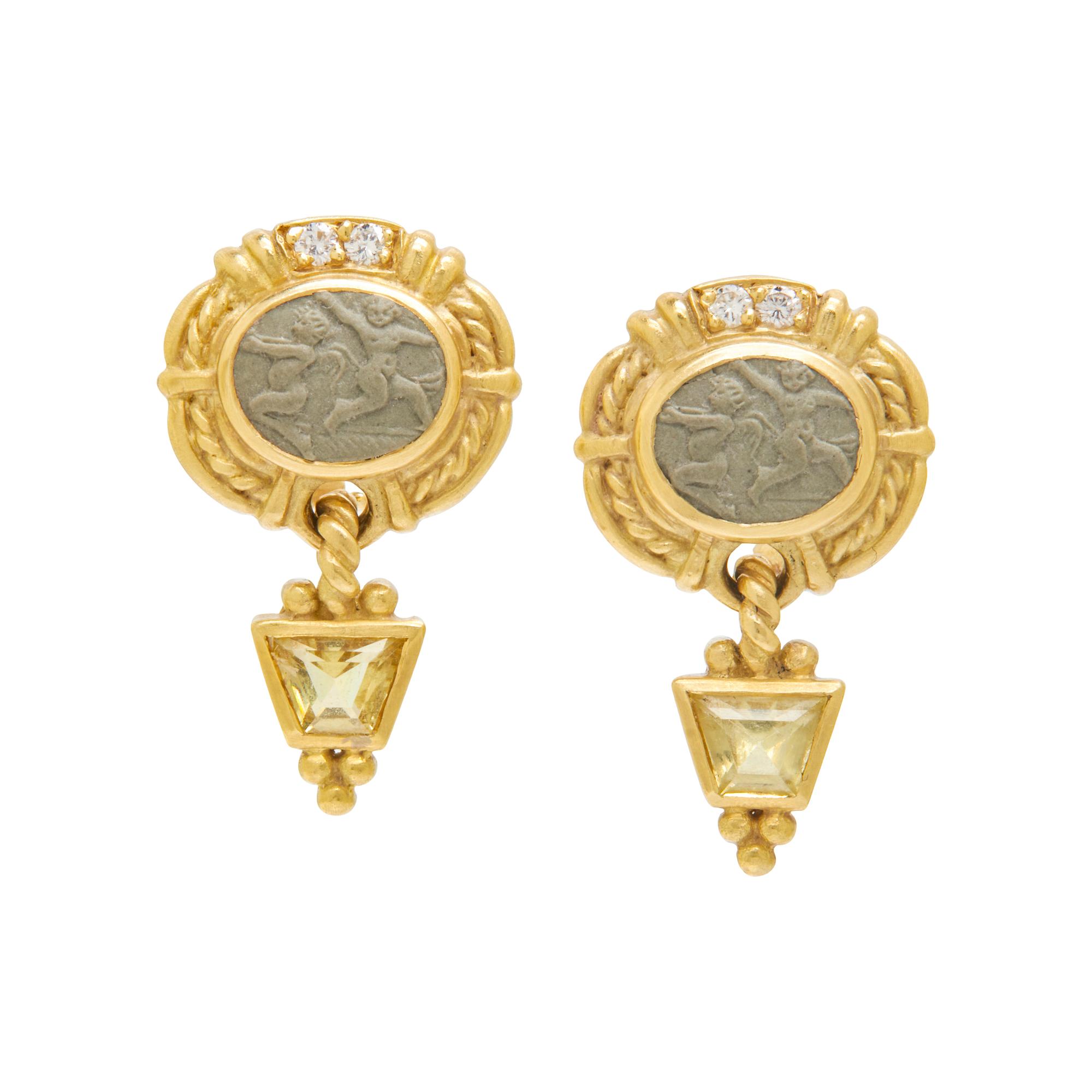 JUDITH RIPKA, YELLOW GOLD, LAVA CAMEO, HELIODOR (YELLOW BERYL) AND DIAMOND EARRINGS