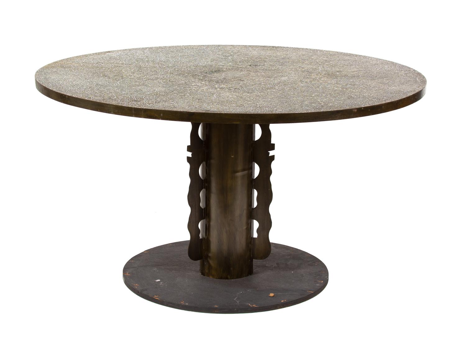 A Philip and Kelvin LaVerne Bronze Clad Wood Circular Table Height 29 1/2 x diameter 54 inches. — NEW YORK, c. 1960's
