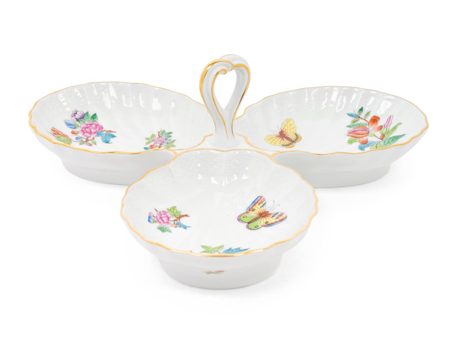 A Herend Queen Victoria Porcelain Three-Part Dish