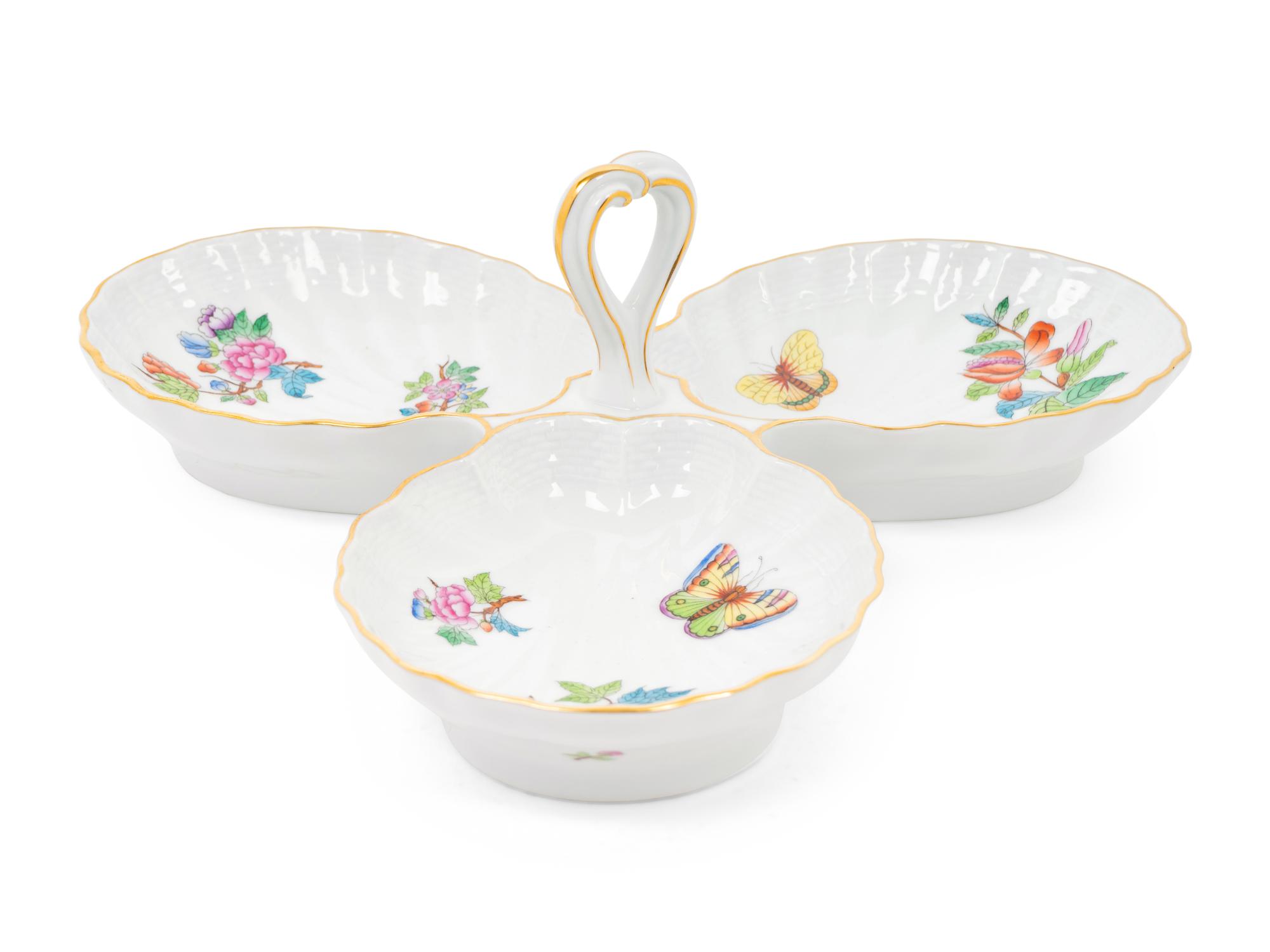 A Herend Queen Victoria Porcelain Three-Part Dish