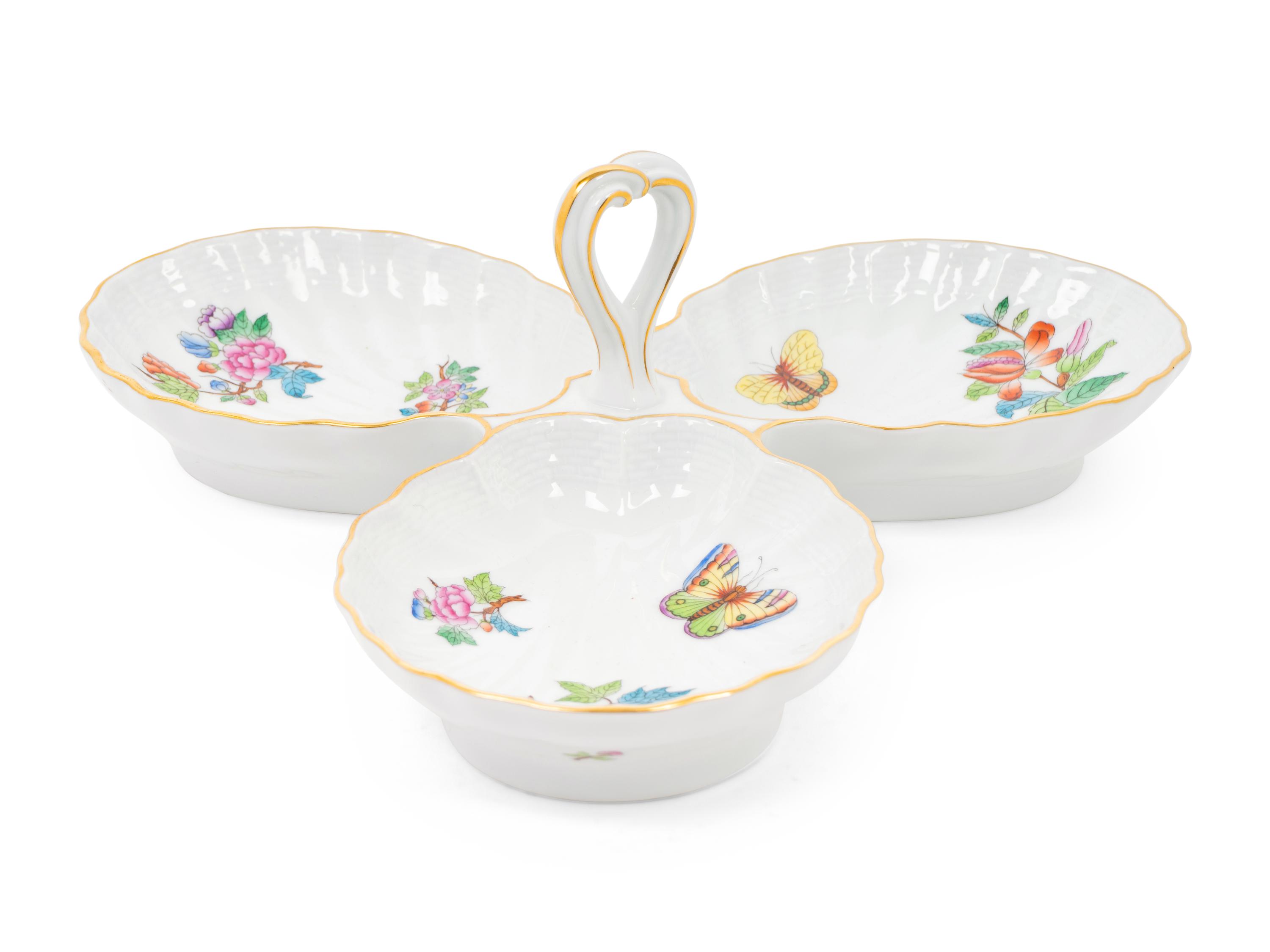 A Herend Queen Victoria Porcelain Three-Part Dish