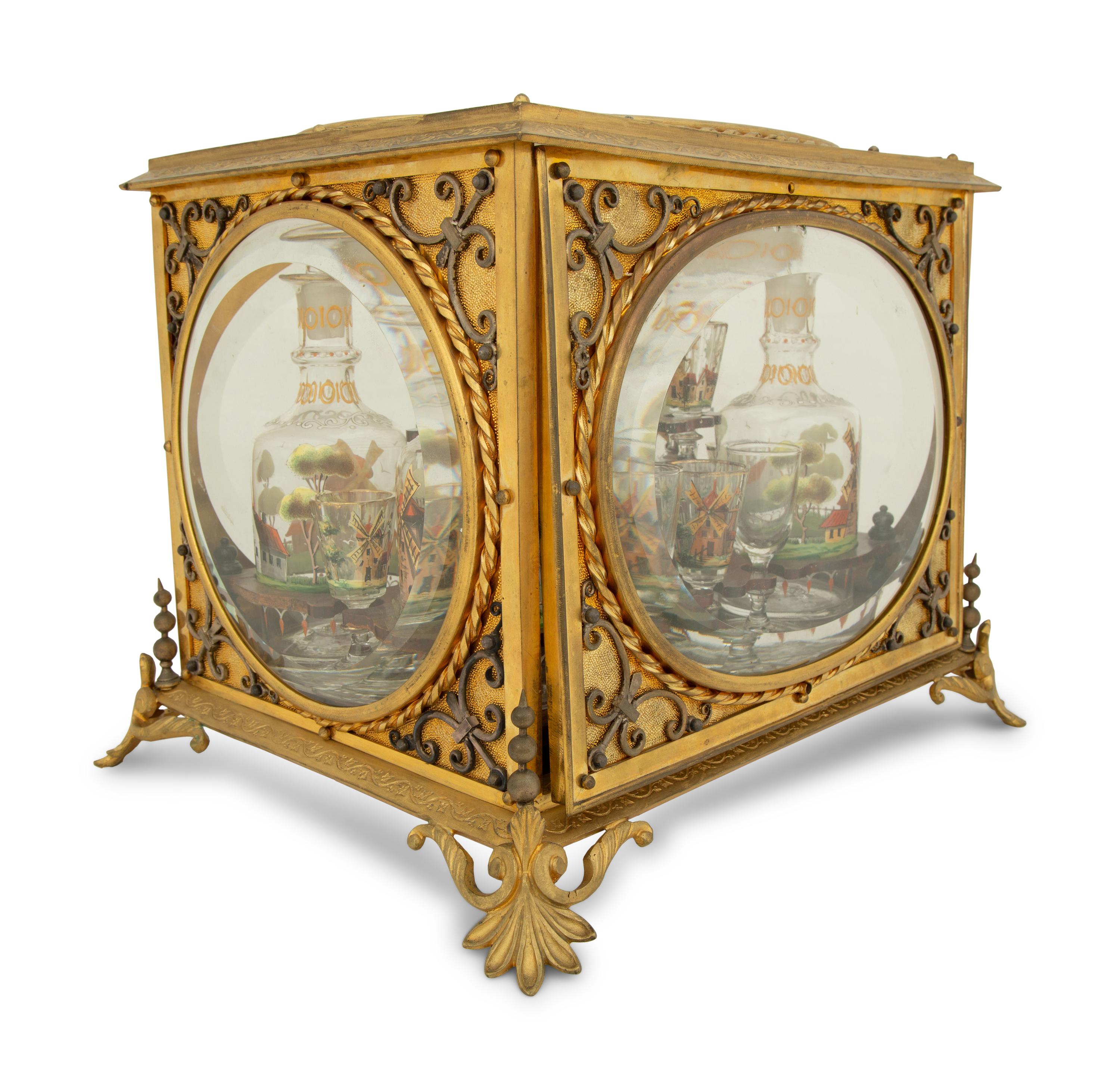 A French Gilt Bronze Cave à Liqueur with Enameled Glasses and Decanters — 19TH CENTURY
