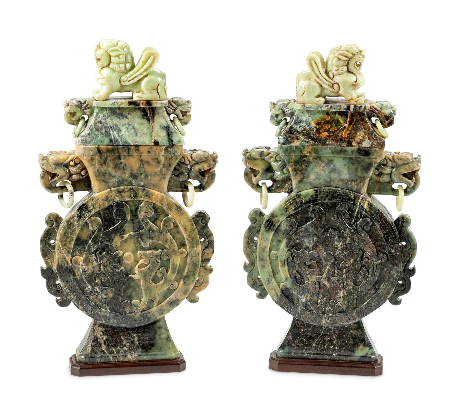 A Pair of Chinese Export Carved Hardstone Urns