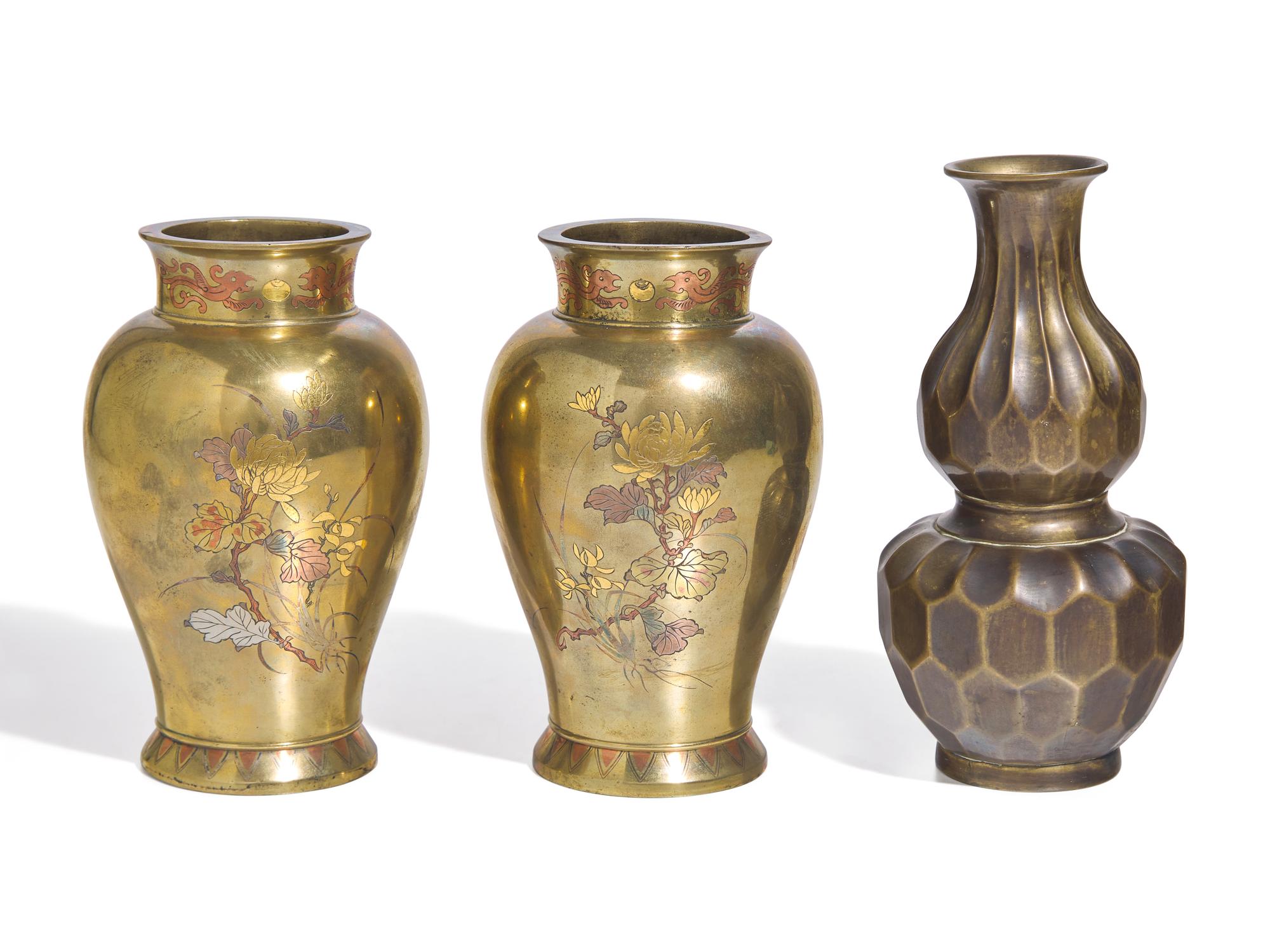 Three Japanese Mixed Metal Vases