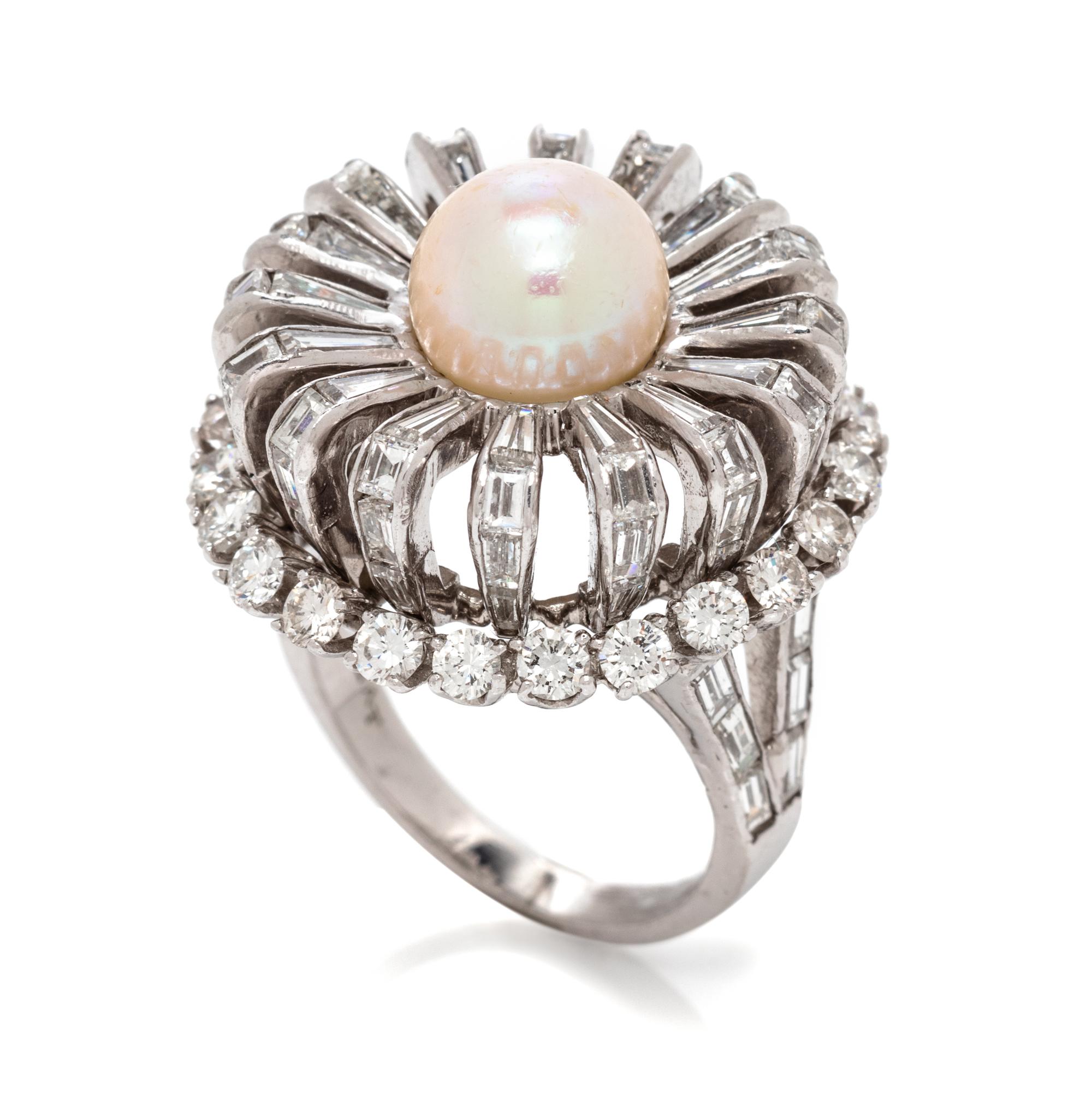 A Platinum, Cultured Pearl and Diamond Ring, 10.00 dwts.